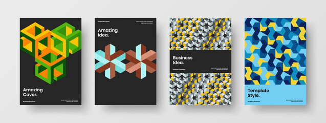 Colorful mosaic hexagons corporate cover illustration collection. Bright company identity A4 vector design template bundle.