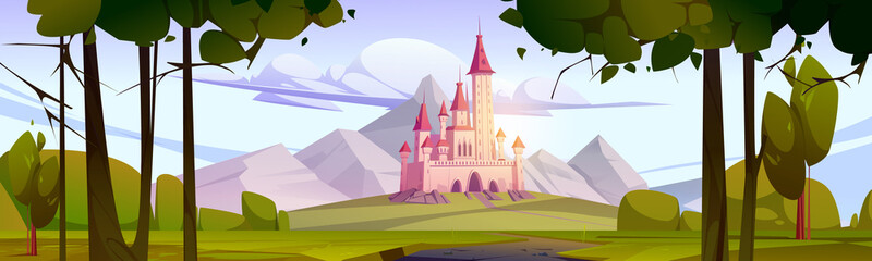Pink fairy tale castle in mountain valley. Vector cartoon illustration of fall landscape with fantasy royal palace with towers, green grass, leaves on trees and rocks on horizon - obrazy, fototapety, plakaty
