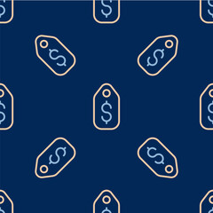 Line Price tag with dollar icon isolated seamless pattern on blue background. Badge for price. Sale with dollar symbol. Promo tag discount. Vector
