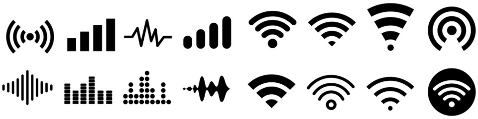 Signal set vector icon. Radio signal waves and light rays, radar, wifi, antenna and satellite signal symbols. Wireless technologys. Vector illustration.
