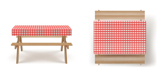 Wooden picnic table with long benches and red white checkered tablecloth 3d realistic vector. Camping, garden or park wood furniture for barbecue with seat and textile cover, isolated on background,