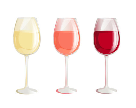 A set of wine glasses.Pink, white and red wine in tall glasses.