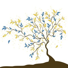 Cute tree with blue yellow leaves Pattern on a white background. - 506797915
