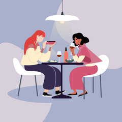 The girl uses a phone to take pictures of her food. Modern trend taking pictures of food in restaurants. Flat design vector illustration.