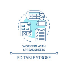 Working with spreadsheets turquoise concept icon. Programming skills abstract idea thin line illustration. Isolated outline drawing. Editable stroke. Arial, Myriad Pro-Bold fonts used