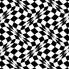The concept of a black and white distorted chessboard. Abstract 3D illusion. Vector illustration.