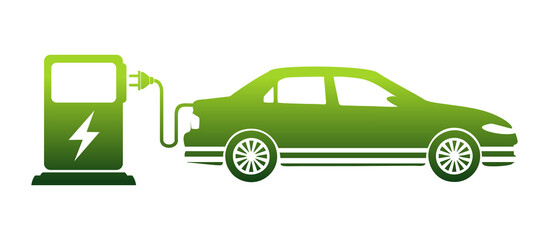 Electric car with plug icon symbol, Green hybrid vehicles charging point logotype. Eco car concept with electric charge.
