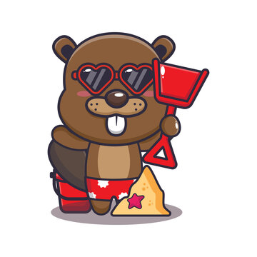Cute beaver cartoon mascot character playing sand beach