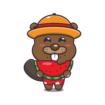 Cute beaver cartoon mascot character eat fresh watermelon