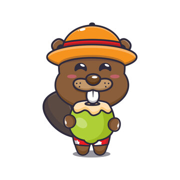 Cute beaver cartoon mascot character drink coconut