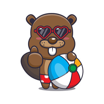 Cute beaver cartoon mascot character with beach ball