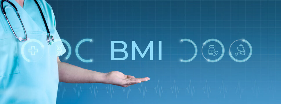 BMI (Body mass index). Arzt streckt Hand aus. Interface mit Text und Icons. Medizin digital