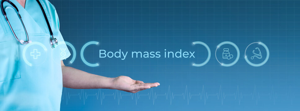 Body mass index (BMI). Arzt streckt Hand aus. Interface mit Text und Icons. Medizin digital