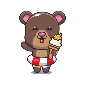 Cute bear cartoon mascot character with ice cream on beach