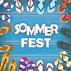 Sommerfest Template mit Flipflops auf einem blauen Holzsteg - obrazy, fototapety, plakaty
