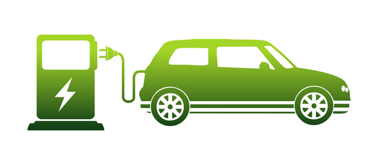 Electric car with plug icon symbol, Green hybrid vehicles charging point logotype. Eco car concept with electric charge.
