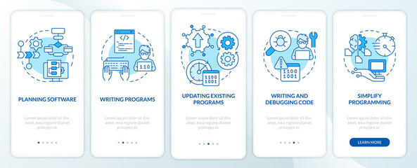 Programming skills blue onboarding mobile app screen. Program developing walkthrough 5 steps graphic instructions pages with linear concepts. UI, UX, GUI template. Myriad Pro-Bold, Regular fonts used