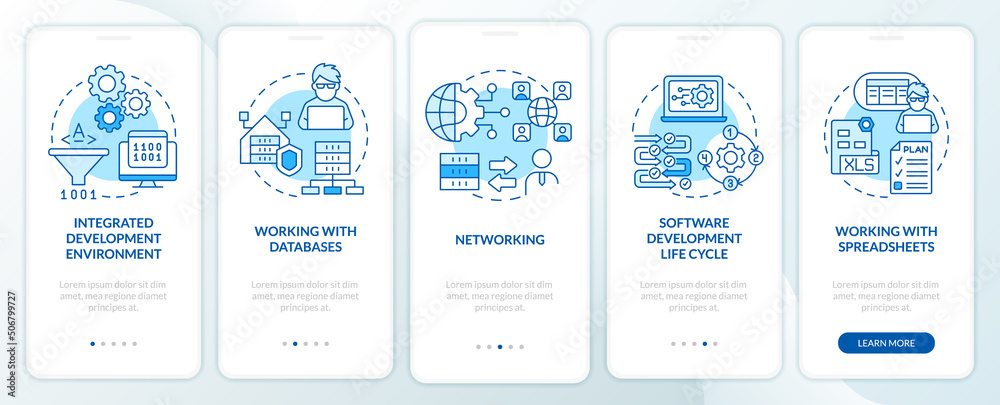 Wall mural program building skills blue onboarding mobile app screen. walkthrough 5 steps graphic instructions 