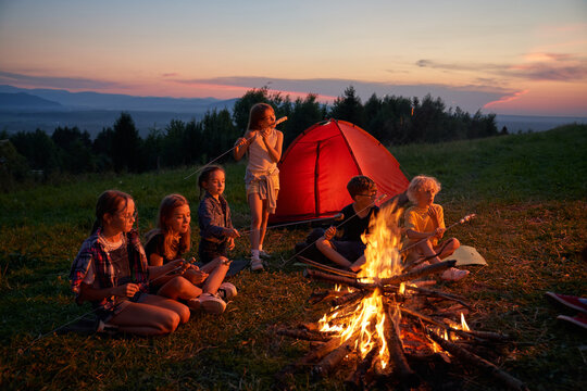Side view of group of kids sitting eating in campsite in mountains. Six children having dinner, camping near fireplace with red tent on background. Concept of traveling.