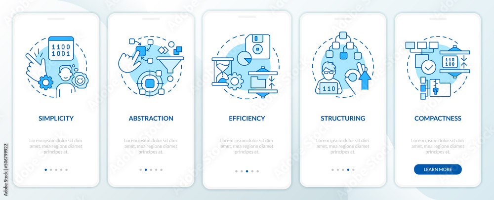Wall mural features of programming languages blue onboarding mobile app screen. walkthrough 5 steps graphic ins
