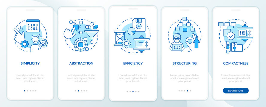 Features of programming languages blue onboarding mobile app screen. Walkthrough 5 steps graphic instructions pages with linear concepts. UI, UX, GUI template. Myriad Pro-Bold, Regular fonts used