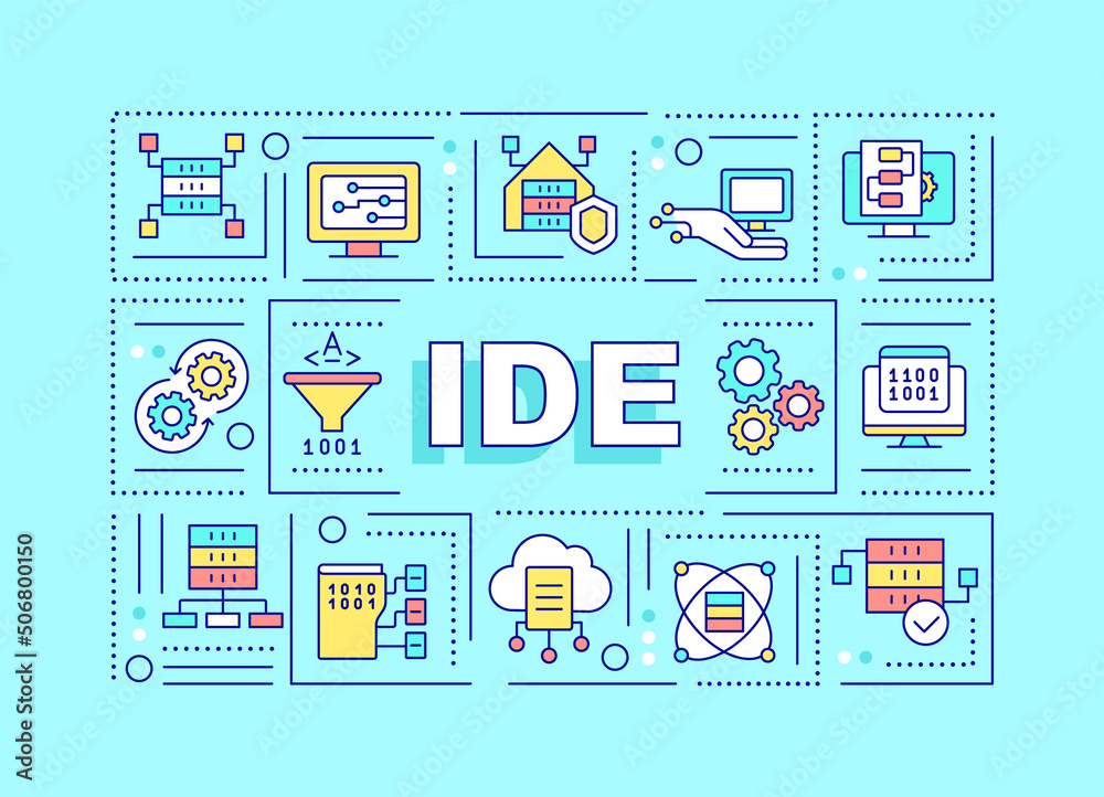 Wall mural integrated development environment word concepts turquoise banner. infographics with icons on color 