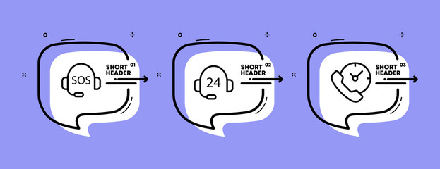 Hotline set icon. Around the clock, headphones, headset, call center, landline phone, clock. Help concept. Infographic timeline with icons and 3 steps. Vector line icon for Business and Advertising