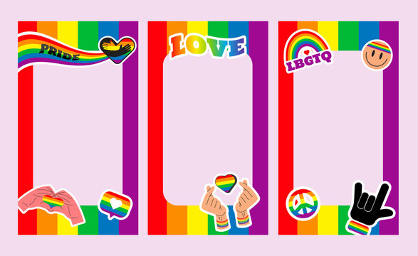Pride frame stories. LGBT symbols. Love, heart, flag in rainbow colours, Gay, lesbian parad