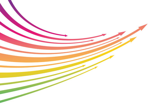虹色のカラフルなグラデーションの右上向きのカーブした矢印のイラスト/白背景