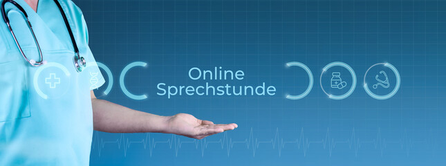 Online Sprechstunde Arztpraxis. Arzt streckt Hand aus. Interface mit Text und Icons. Medizin digital