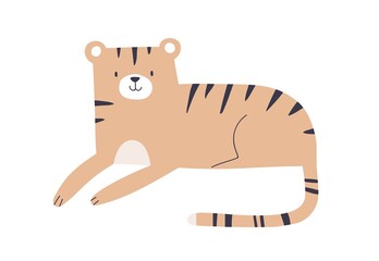 Cute tiger cub lying, relaxing. Jungle baby animal in Scandinavian nordic style. Adorable happy smiling lovely sweet character. Childish flat vector illustration isolated on white background