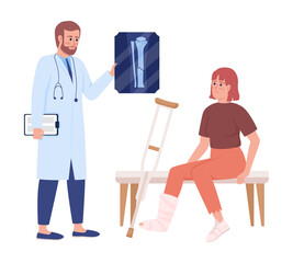 Therapist consulting woman with broken leg semi flat color vector characters. Posing figures. Full body people on white. Injury simple cartoon style illustration for web graphic design and animation