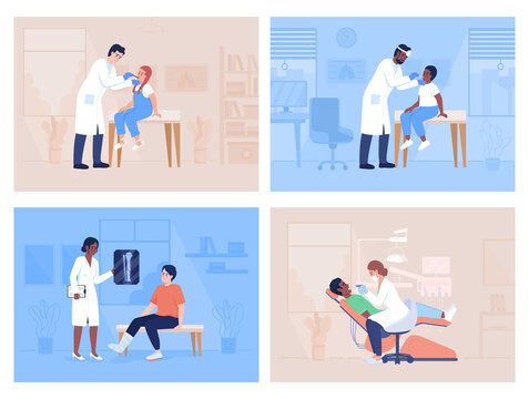 Visiting hospital for examination flat color vector illustrations set. Doctor and patient at appointment 2D simple cartoon characters with interior of clinic office on background collection