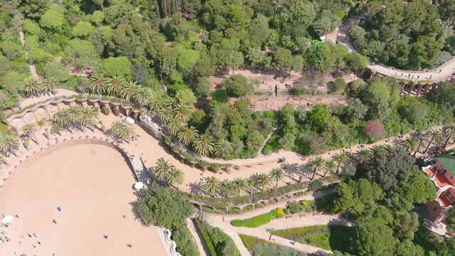 Barcelona, Spain: Aerial view of capital city of Catalonia, Teatre grec del Parc G&uuml;ell - landscape panorama of Europe from above