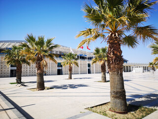 Building exterior of Enfidha Airport in Tunisia with palm trees and water fountains to the front.