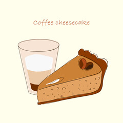 Coffee flavored cheesecake vector illustration. Sweet tasty dessert. Food illustration. Menu design. Cook book.