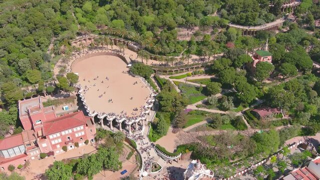Barcelona, Spain: Aerial view of capital city of Catalonia, Teatre grec del Parc G&uuml;ell - landscape panorama of Europe from above