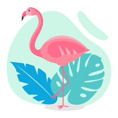 Pink flamingo on a background of tropical leaves. Vector illustration