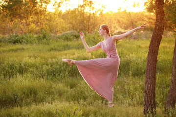 a dancer dances in a dress at sunset in nature. dance school. banner