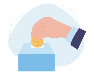 Hand puts a coin in a box. Concept of support and donation. Vector illustration