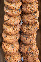 Stack of a sweet delicious chocolate chip cookies in the plate