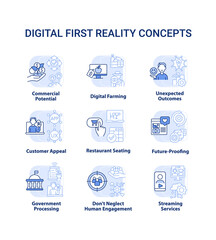 Digital first reality light blue concept icons set. Business transformation idea thin line color illustrations. Isolated symbols. Editable stroke. Roboto-Medium, Myriad Pro-Bold fonts used
