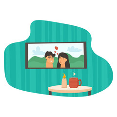 TV and table with candle, cup of tea or coffee. Concept of cozy room. Flat cartoon style vector illustration
