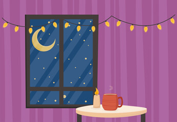 Window and table with candle, cup of tea or coffee. Concept of cozy room. Flat cartoon style vector illustration