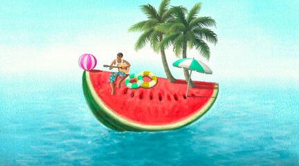 Fototapeta na wymiar Summer time with the sea. Concept idea art of travel, outdoor, and holiday. Surreal painting. 3d illustration. conceptual artwork. A man playing a guitar on a water melon.