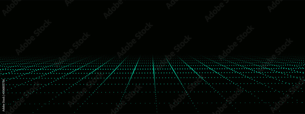 Poster dynamic flow of digital particles. perspective grid of interlaced dots. network connection structure