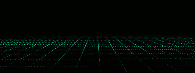 Dynamic flow of digital particles. Perspective grid of interlaced dots. Network connection structure. Big data visualization. Vector illustration.