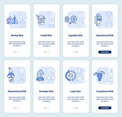 Risk categories light blue onboarding mobile app screen set. Management walkthrough 4 steps graphic instructions pages with linear concepts. UI, UX, GUI template. Myriad Pro-Bold, Regular fonts used