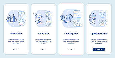 Risk categories light blue onboarding mobile app screen. Business plan walkthrough 4 steps graphic instructions pages with linear concepts. UI, UX, GUI template. Myriad Pro-Bold, Regular fonts used