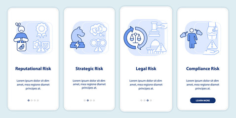 Fototapeta na wymiar Risk categorizations light blue onboarding mobile app screen. Issues walkthrough 4 steps graphic instructions pages with linear concepts. UI, UX, GUI template. Myriad Pro-Bold, Regular fonts used